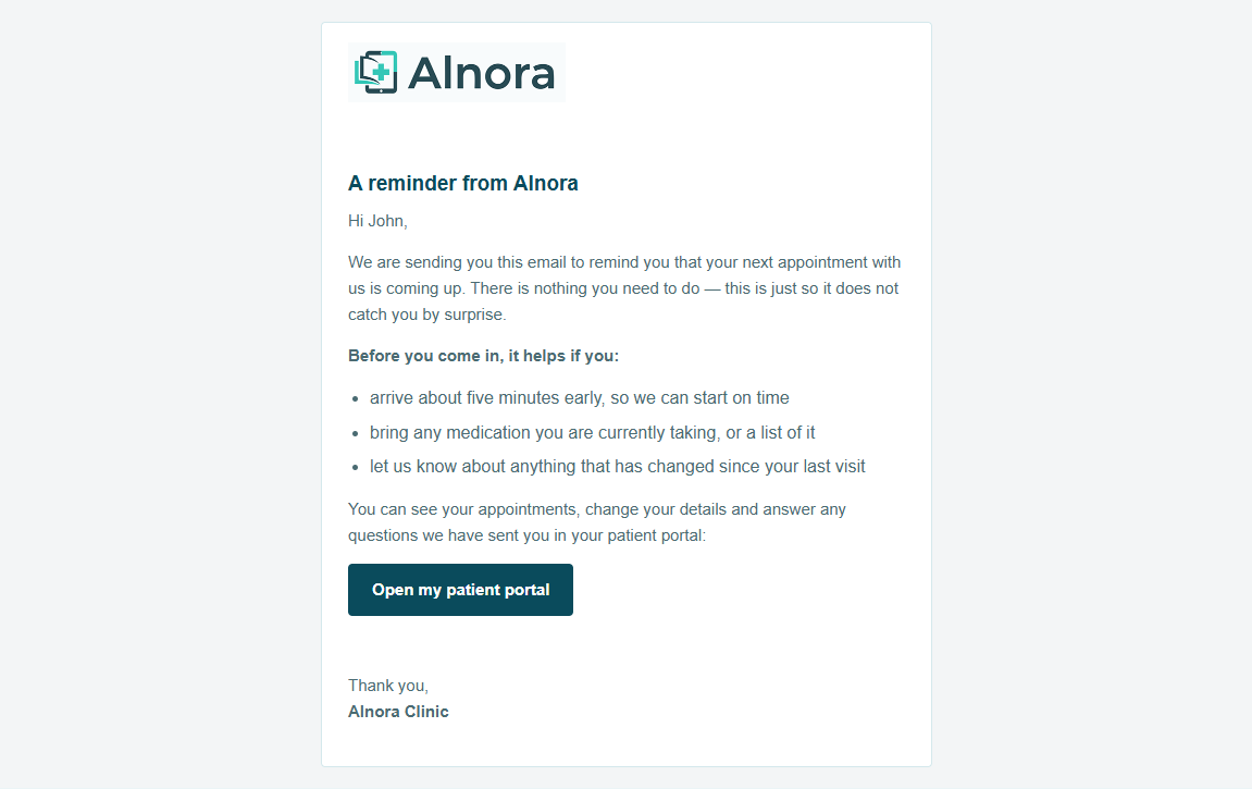 An email from Alnora as the patient receives it, with the clinic logo, the patient’s name and a button in the clinic’s colours