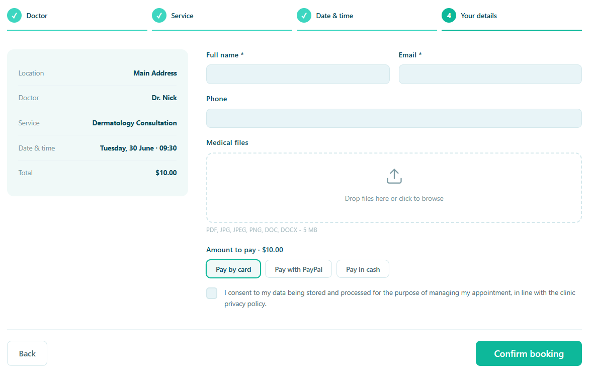 Patient booking form