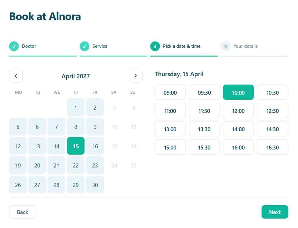 The free Alnora Clinic booking form — picking a date and time