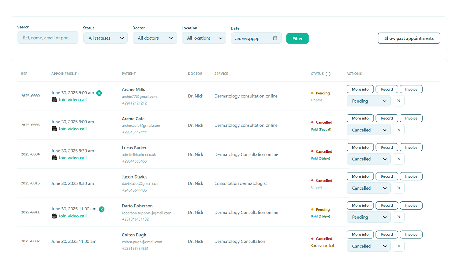 Alnora appointments dashboard