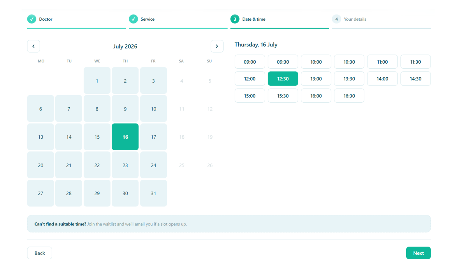 Booking date and time selection