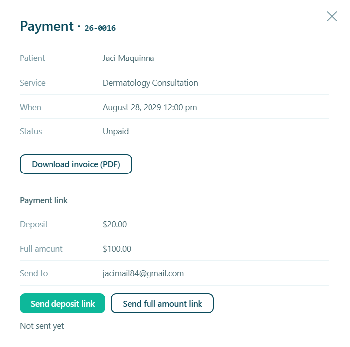 Sending a payment link from an appointment, choosing deposit or full amount