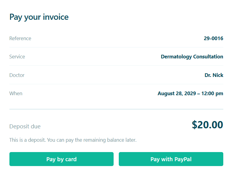 The hosted pay-invoice page a patient sees after clicking the link