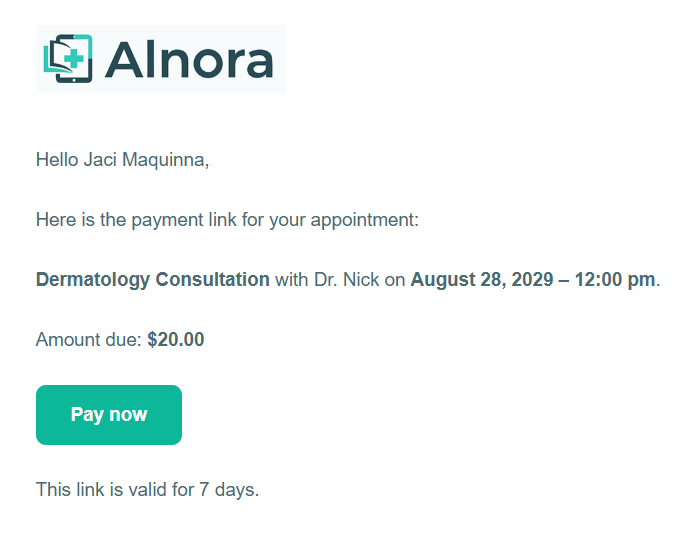 The branded payment email a patient receives, with the clinic logo and a Pay now button