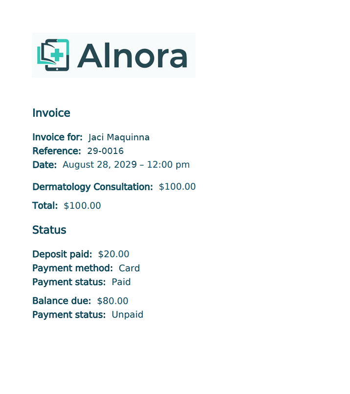 A branded invoice PDF for an unpaid deposit, showing the amount due